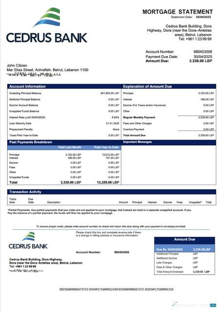 Download Lebanon Cedrus Bank mortgage statement Word and PDF template Photoshop template